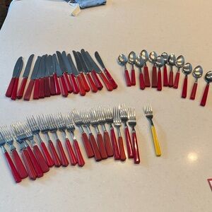 Vintage Red handle  Cutlery Set of  49 pc various styles.